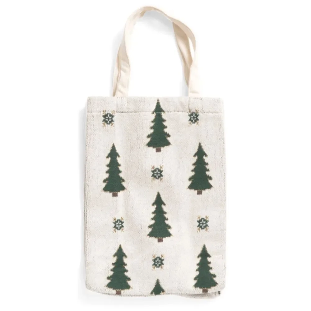 CT White Ivory Green Gold Christmas Tree Snowflake Knit Wine Gift Bag